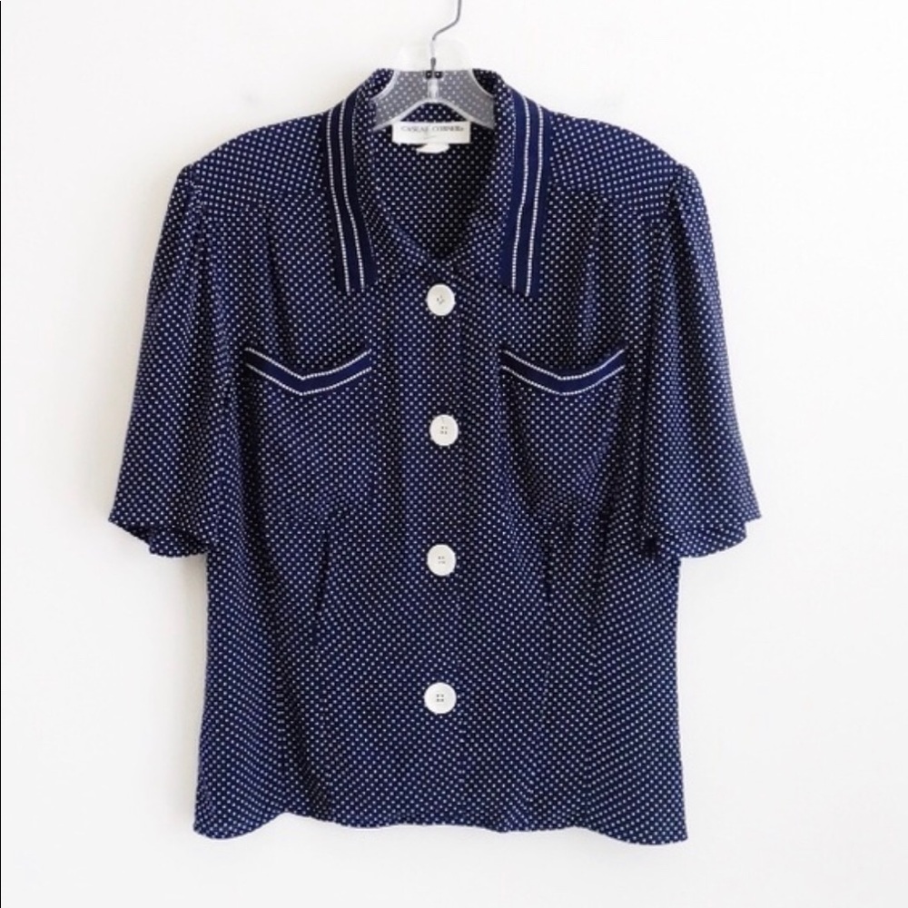Vintage Casual Corner Navy Blue Polka Dot Shirt